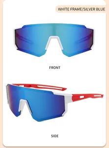 Detailed front and side views of kids' white and red sports sunglasses with blue lenses.
