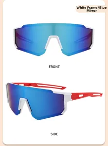 Viste dettagliate di occhiali da sole sportivi per bambini in bianco e rosso con lenti blu.