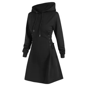 Elegant black women's slim fit hooded sweatshirt dress featuring side lace-up ties