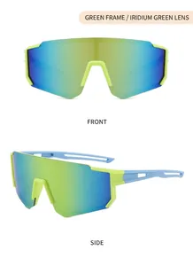 Detailed front and side views of green kids outdoor sports cycling sunglasses with mirrored lens