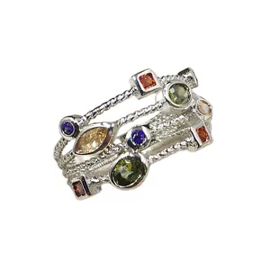 Elegant white gold plated copper ring with multi-colored zircon stones for women