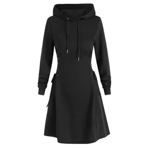 Elegant slim fit black long sleeve hooded sweatshirt dress with side lace-up detail
