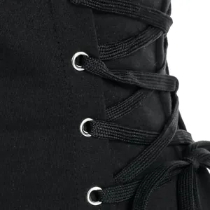 Close-up detail showing silver metal eyelets and black lace-up drawstring on sweatshirt