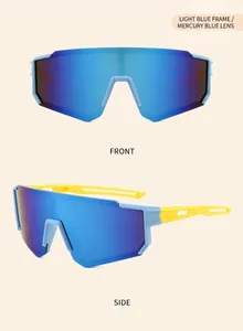 Detail views of kids cycling sunglasses with blue mirrored lens and yellow temples.