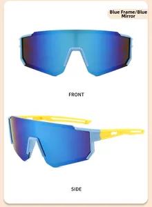 Vista dettagliata degli occhiali da ciclismo per bambini con lenti blu a specchio e aste gialle.