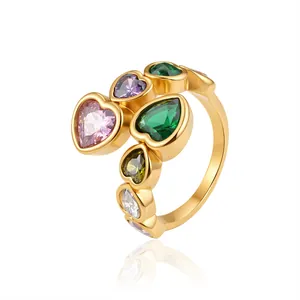 18K gold plated stainless steel open ring featuring vibrant multi-color heart-shaped zircons