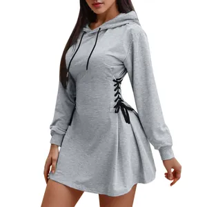 Close-up detail of grey slim-fit hooded sweatshirt dress with side lace-up design