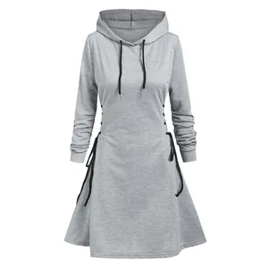 Detailed view of grey slim-fit hooded dress showing side lace-up drawstring design