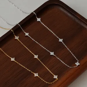 Minimalist titanium steel necklaces with sparkling zircon clover pendants in gold and silver