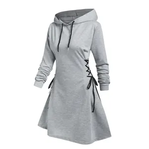 Slim fit gray long hoodie for women featuring side lace-up and drawstring hood details