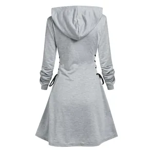 Back view of women's gray slim fit hooded sweatshirt dress with side lace-up detail