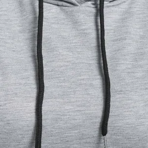 Detailed close-up view of grey hooded sweatshirt fabric with black braided drawstrings.