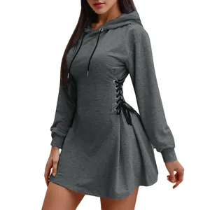 Slim fit lace-up hoodie dress for women with hooded drawstring detail