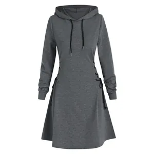 Detail of women's gray slim-fit hooded sweatshirt dress with side lace-up detail