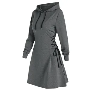 Grey slim-fit hooded sweatshirt dress with side lace-up detail and drawstrings