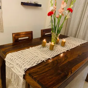 Hand-woven boho macrame table runner with tassels for wedding party table decor
