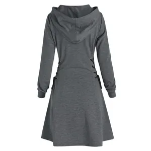 Back view of a women's slim fit long hoodie dress with stylish side lace-up detailing.
