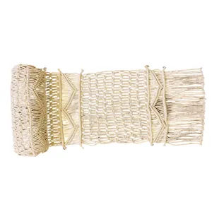 Hand-woven Nordic macrame table runner with cream cotton tassels for boho wedding decor