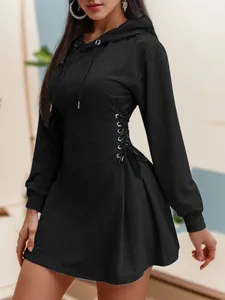 Stylish slim fit women's black hoodie dress featuring side lace-up detail and drawstring hood
