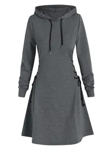 Women's slim fit hooded sweatshirt dress with side lace-up drawstring design in grey