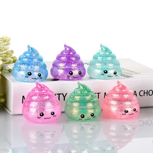 Detailed view of colorful glitter poop-shaped squishy toys for stress relief