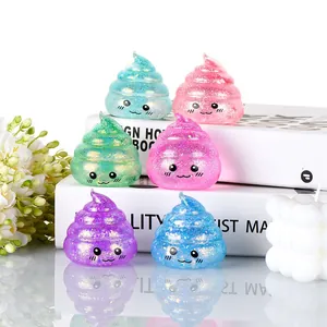Detailed view of colorful glitter poop squishy toys with cute smiley faces for stress relief
