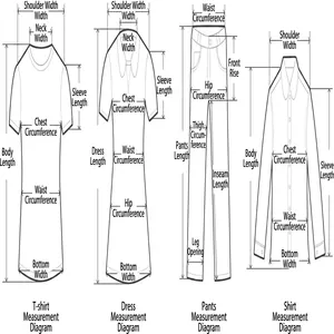 Comprehensive measurement guide for T-shirts, dresses, pants, and shirts in detail.