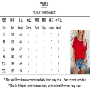 Detailed size chart showing bust and length for solid color round neck short sleeve T-shirt