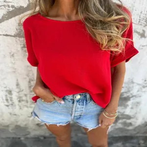 Women's loose fit red short sleeve T-shirt with round neck for summer casual wear
