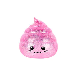 Close-up of pink glitter poop squishy toy with cute smiley face and sparkling texture