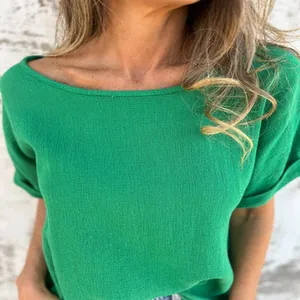 Close-up view of a vibrant green textured short sleeve T-shirt with round neck design