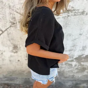 Side profile view of a black round neck short-sleeved T-shirt with side slits for women
