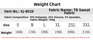 Weight and fabric specification chart for men's summer casual T-shirt