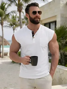 White sleeveless men's Henley shirt with front pocket and buttons in resort setting