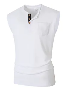 Close-up detail of men's white sleeveless Henley T-shirt with pocket and buttons