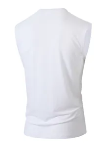 Back view detail of a plain white men's sleeveless round neck summer t-shirt