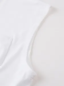 Close-up detail showing the armhole stitching and pocket seam of white sleeveless T-shirt.