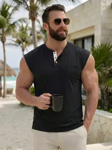 Casual black sleeveless muscle henley t-shirt for men with pocket detail