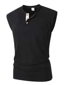 Detailed view showing the white placket and pocket of a black sleeveless Henley shirt