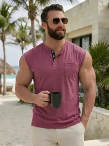 Men's summer casual sleeveless Henley T-shirt with buttons and pocket in plum red