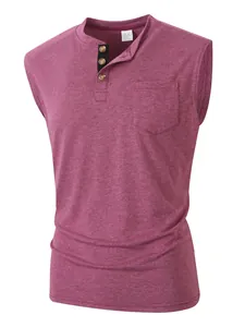 Close-up of men's sleeveless henley shirt with multi-button placket and chest pocket.