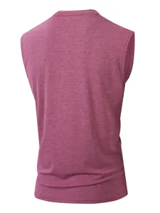 Detailed back view of a men's casual sleeveless round neck T-shirt in heathered magenta
