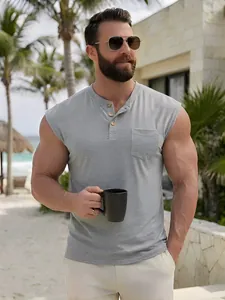 Men's casual sleeveless gray Henley tank top featuring a chest pocket for summer beach