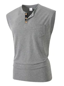 Detail shot of a grey men's sleeveless Henley T-shirt with three buttons and a pocket