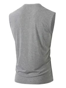 Detailed back view of a men's casual grey sleeveless round neck cotton t-shirt garment