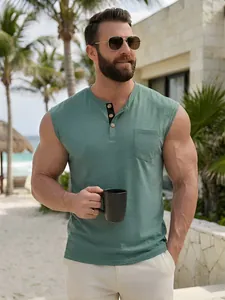 Premium men's sleeveless Henley T-shirt with chest pocket in sage green summer style
