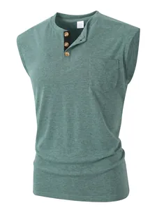Comfortable men's casual sleeveless heather green Henley shirt with buttons and pocket.