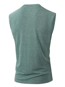 Back view of men's casual sleeveless round neck T-shirt in sage green heather fabric