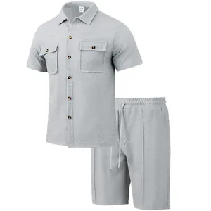 Men's grey waffle knit short sleeve button-down shirt and drawstring shorts set