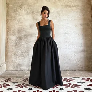 Vestito Maxi Da Donna Scollo Quadrato Senza Maniche Schiena Scoperta Maglia Taglio A Linea Tinta Unita